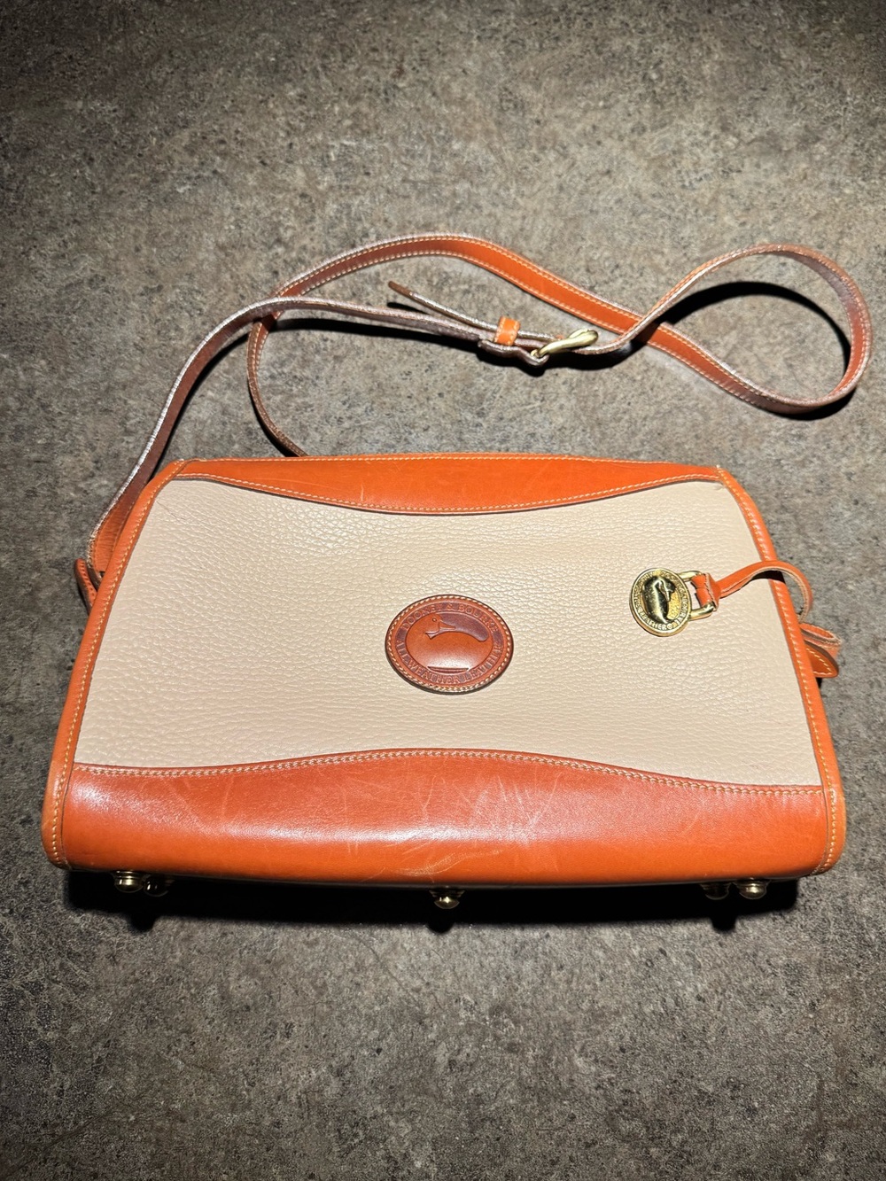 Vintage Dooney & Bourke Beige and Brown Leather Crossbody Crossbody Bag Purse